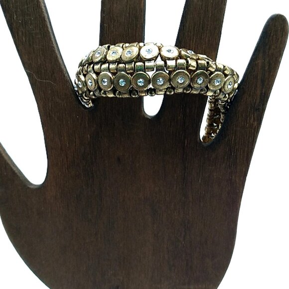 J. Crew Brushed Brass-tone Rhinestone Stretch Bracelet Signed - Picture 7 of 8